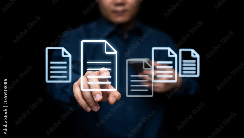Poster a person s finger is touching a glowing digital document icon on a dark background representing data
