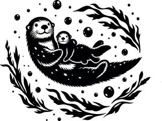 Sea Otter Family Floating in Water with Kelp and Bubbles, Fun Otter Silhouette for Beach Themes .