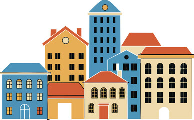 Colorful urban buildings vector with blue and orange roofs in simple cityscape design illustration