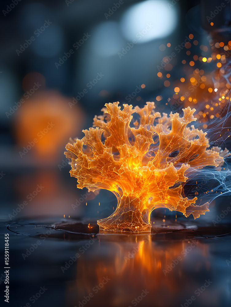 Poster 3d printing technology is showcased with advanced printer creating vibrant orange object, highlighti
