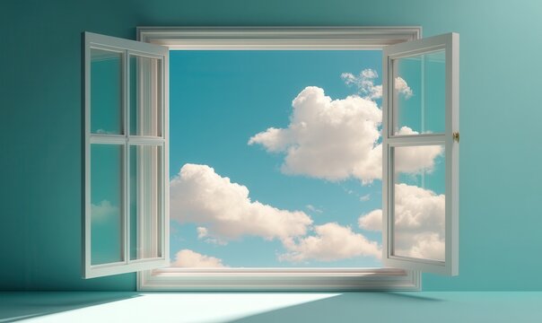 White window open to blue sky with cumulus clouds