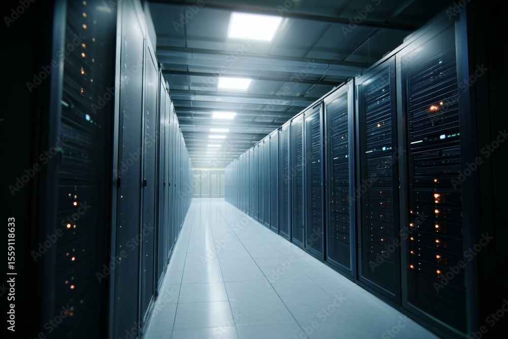 Poster modern data center with rows of server cabinets