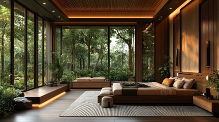 Fototapeta premium Luxurious modern bedroom with forest view