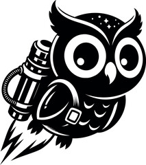 Owl with Jetpack in Space, Owl in Orbit Silhouette for Cosmic T Shirts and Outer Space Wall Prints.