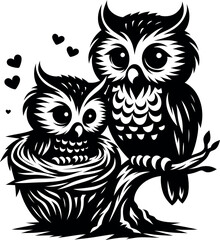 Two Owls in Love, Owl Lovebirds Silhouette in Tree Hollow for Nature Inspired Gifts and Home Decor