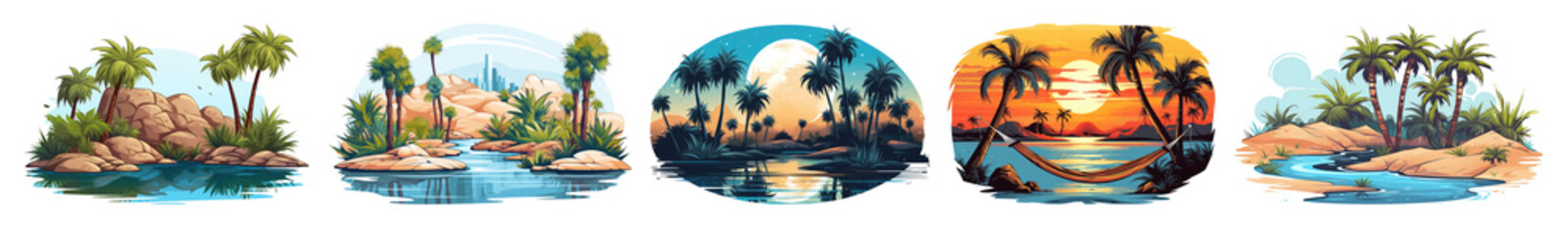 PNG Tropical paradise sunset illustrations, element set on transparent background