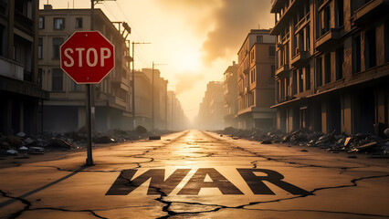 Stop Sign Amid War-Torn Ruins of a Destroyed City Street at Sunset – Anti-War Symbolism in Apocalyptic Urban Battlefield With Cracked Asphalt and Smoke