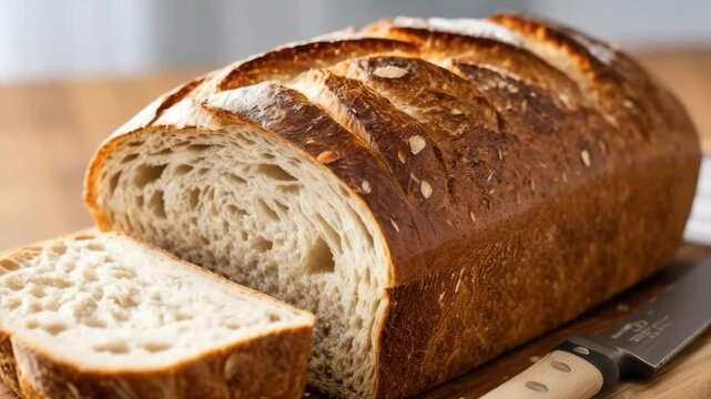 Freshly baked loaf of bread with a golden crust, sliced to reveal soft, airy interior. Wooden cutting board and knife in the background.