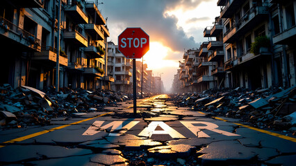 Stop Sign Amid War-Torn Ruins of a Destroyed City Street at Sunset – Anti-War Symbolism in Apocalyptic Urban Battlefield With Cracked Asphalt and Smoke