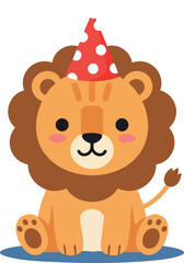 Fototapeta premium Cute lion cub wearing red party hat sitting on blue shadow with happy expression vector illustration