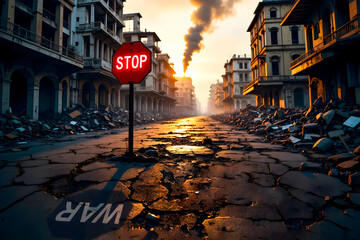 Stop Sign Amid War-Torn Ruins of a Destroyed City Street at Sunset – Anti-War Symbolism in Apocalyptic Urban Battlefield With Cracked Asphalt and Smoke