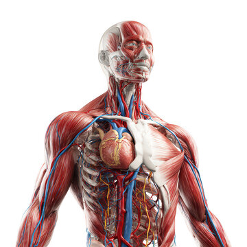 Detailed anatomical illustration of human musculature and circulatory system with heart