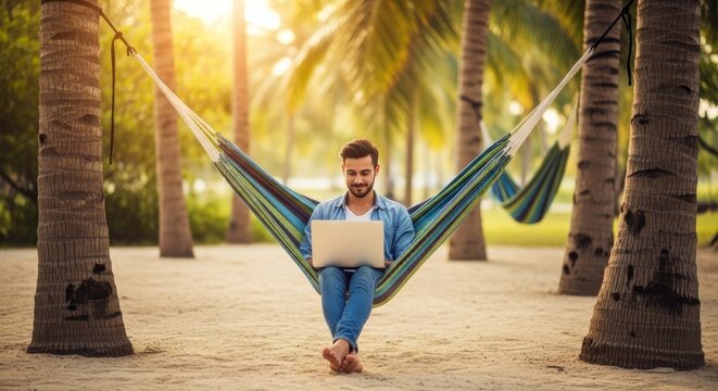 Digital nomad remote working from a beachside paradise, combining productivity and relaxation.