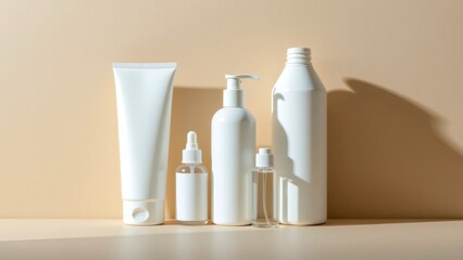 Minimalist Cosmetic Product Mockup: White Bottles & Tube on Beige Background