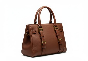 Brown leather handbag with buckles and handles