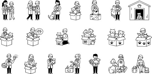 Homeless pet icons set. Veterinarians and volunteers holding, cuddling, and caring for various cats and dogs, some looking sad and abandoned in boxes