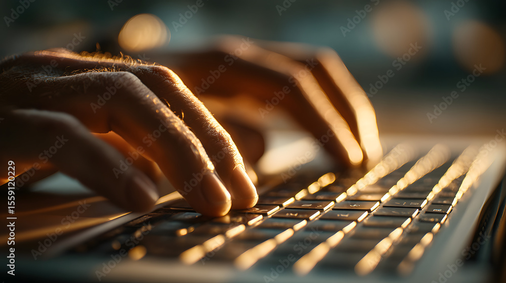 Poster close-up of hands typing on a laptop keyboard, emphasizing work and technology themes