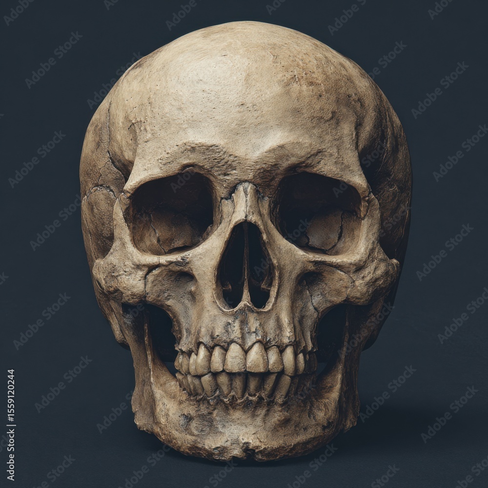 Poster this display showcases a realistic ancient skull, highlighting intricate details of the bone structu