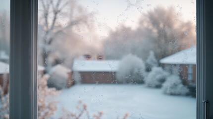 Snowy winter morning view through a frosted window capturing a serene residential backyard setting