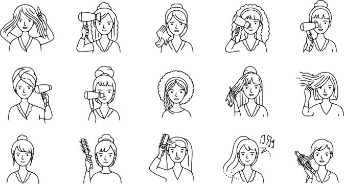 Girl dries hair icons set. Line icons depicting women using hair dryers, showcasing various hairstyles and hair drying techniques
