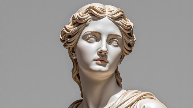 Aphrodite Marble Bust Statue with Intricate Curly Hair Details on Gray Background