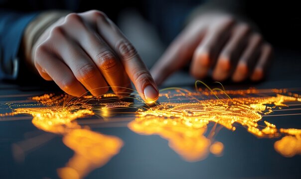 Hands interacting with glowing world map displaying trade connections