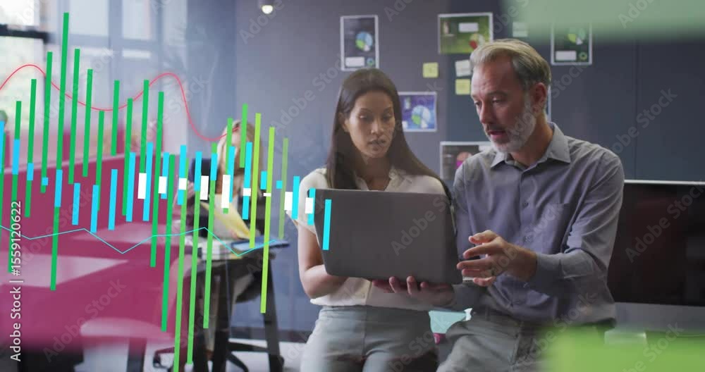 Poster business analyst shifting laptop to colleague data bars and line graphs animating for discussion