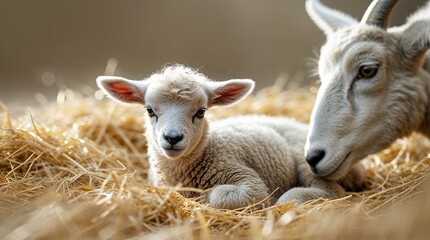 Fototapeta premium Newborn lamb resting beside its mother in a cozy barn filled with golden straw