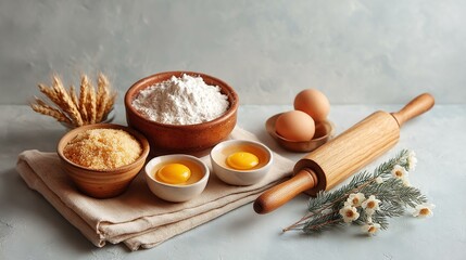 Fototapeta premium Baking Ingredients and Utensils on a Table