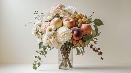 Floral arrangement featuring fresh flowers and fruits for a natural decor look