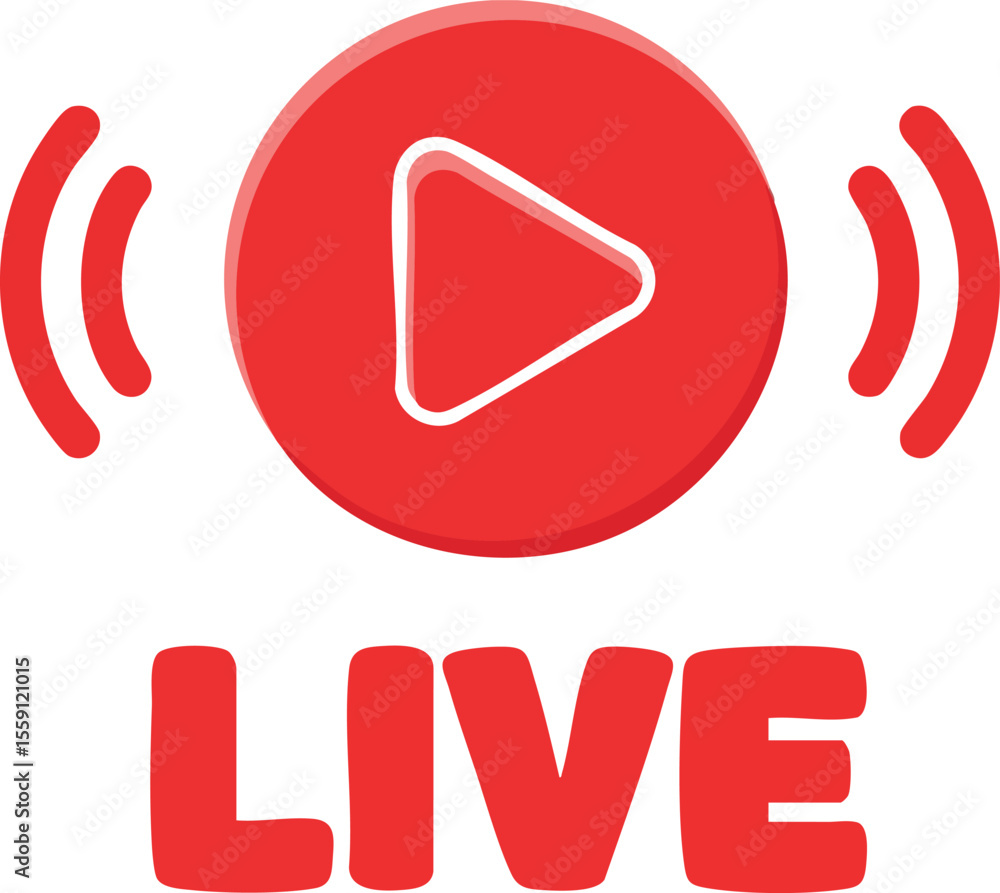 Poster live streaming red play button icon with broadcast signal vector illustration for digital media and 