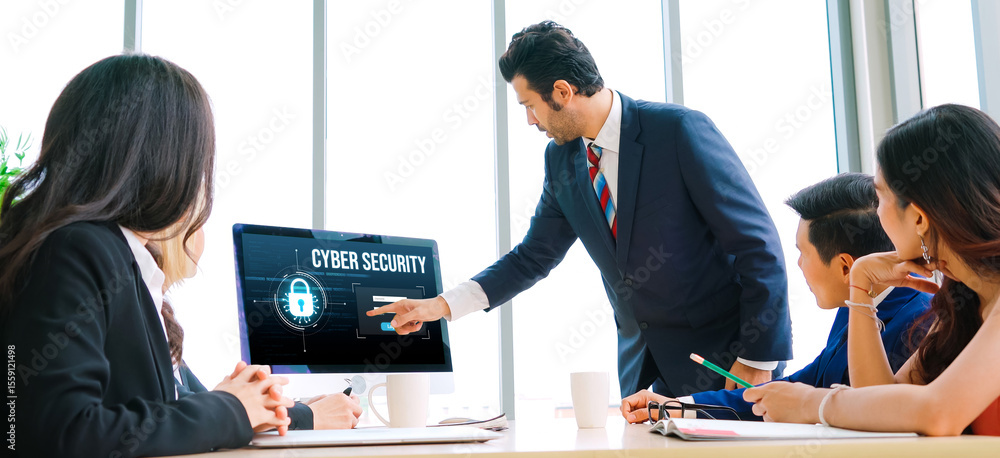 Poster cyber security system on computer screen protect private information snugly from hacker and cyber at