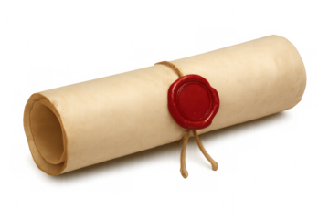 Rolled parchment secured with string and red wax seal, isolated on transparent background, suggesting historical document or agreement