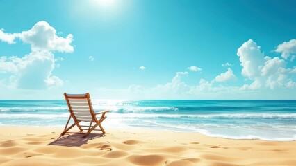 Seaside Serenity: A lone beach chair sits invitingly on the edge of a sandy shore, beckoning towards a tranquil sea and sky, evoking the promise of relaxation and solitude.