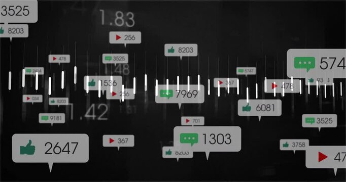 dark screen opening with white bars, white line tracing, icons fading, graph visualizing engagement