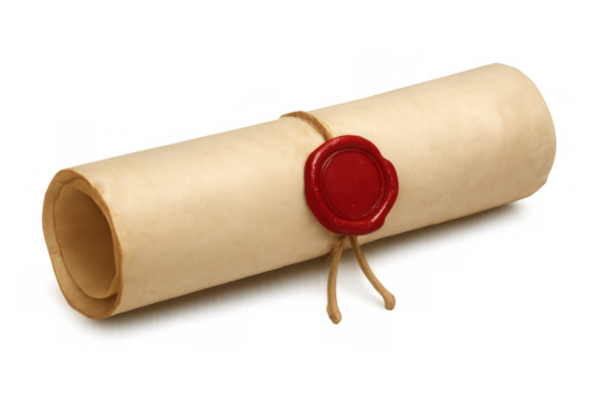 Rolled parchment secured with string and red wax seal, isolated on transparent background, suggesting historical document or agreement