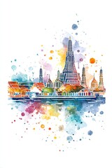 watercolor cityscape of Bangkok with Wat Arun, Grand Palace, and skyline, traditional architecture ink drawing, colorful background splashes,