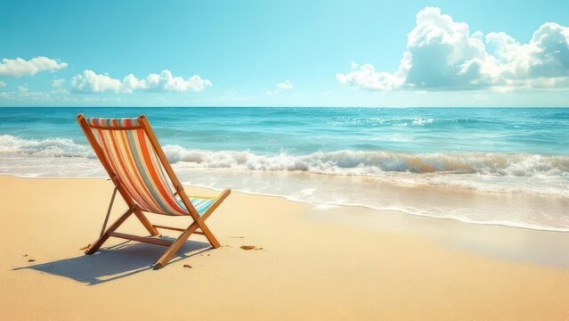 Beach Chair: A inviting beach chair on a sandy shore, the calming presence of the sea. The scene exudes tranquility and the promise of relaxation under the warm sun.