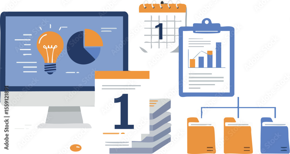 Poster business productivity and organization concepts with calendar charts and computer display vector ill
