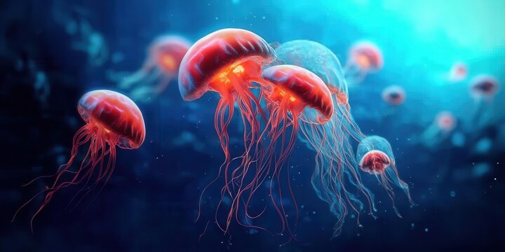 Glowing jellyfish illuminate deep ocean waters at night