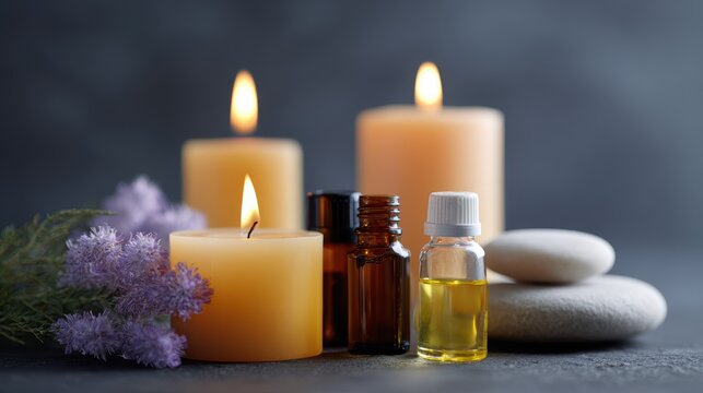 Close-up of candles and essential oils arranged for calming aromatherapy session