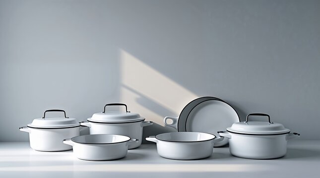 Elegant display of white cooking pots arranged on a light surface in a minimalist kitchen setting