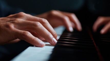 Obraz premium Close-up of hands playing grand piano keys with focused expression