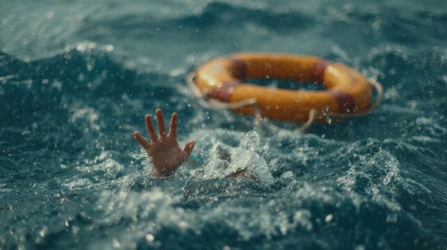 In rough ocean conditions, a person struggles in the water, reaching for a nearby life ring amid splashing waves. The scene captures a moment of desperation and urgency.
