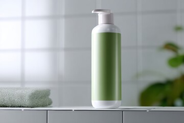 Plastic bottle mockup for shampoo with custom label design on tiled bathroom shelf with soft lighting