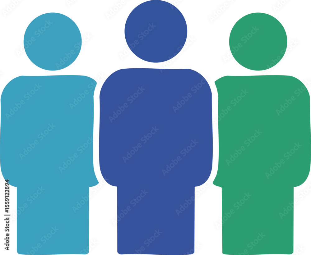 Poster three stylized human figures in blue and green representing teamwork and unity in simple vector desi