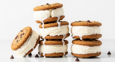 Tasty cookie ice cream sandwiches are stacked and ready to be eaten on a white surface