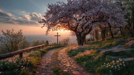 A beautiful sunset illuminates a pathway lined with blooming cherry trees and wildflowers. A cross stands on a nearby hill, enhancing the peaceful atmosphere of this natural setting.