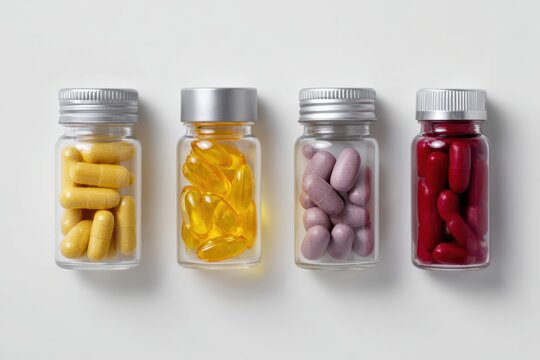 Flat lay arrangement of assorted health supplements and vitamins in pill bottles and capsules, placed neatly on a clean white background symbolizing wellness and healthy lifestyle choices