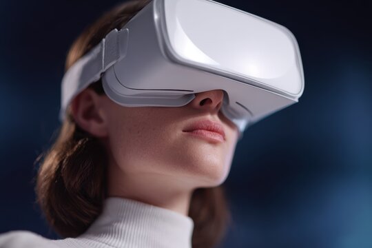 Young woman using virtual reality headset in futuristic setting, immersive technology - Powered by Adobe